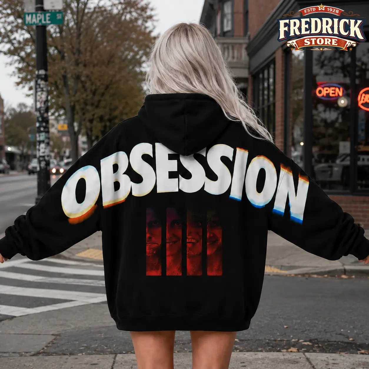 Retro Obsession Horror V2 Shoulder-to-Shoulder Back Lettering Sweatshirt Hoodie, Vintage Monster Graphic Pullover, Gothic Spooky Streetwear, Halloween Gift