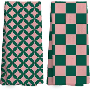 Green and pink kitchen towels, checkered towels, 16x24 inches, mid-century modern neutral home decor absorbent rags, Lint Free Towels, tea towels, 2-piece set, suitable for spa bathroom decoration