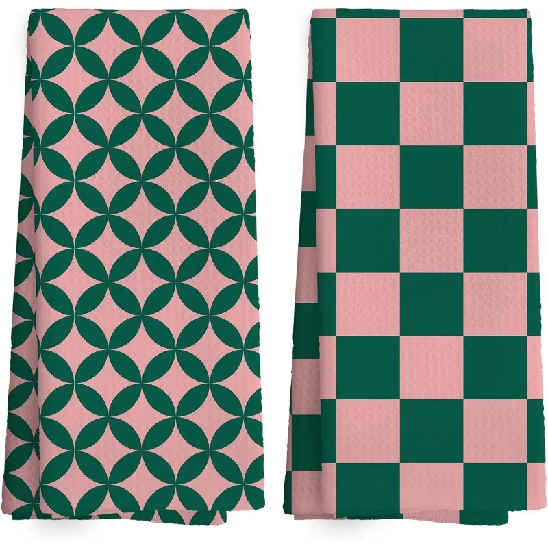 Green and pink kitchen towels, checkered towels, 16x24 inches, mid-century modern neutral home decor absorbent rags, Lint Free Towels, tea towels, 2-piece set, suitable for spa bathroom decoration