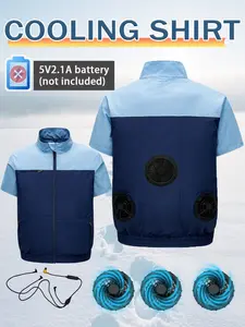 Three-Fan Short-Sleeve Work Vest Air-Conditioned Clothing 3 Fans with 1 Speed Control Cable (Battery Not Included) Unisex Style Ideal for Outdoor Weather, Fishing, Camping, and Indoor Work