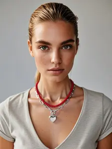 Double Layer Bead Chain Necklace, Silver Color Paperclip Link, 3D Heart Pendant, Toggle Clasp Choker, Fashion Jewelry for Women