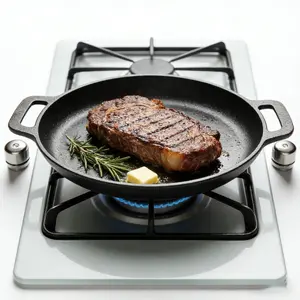 Cast Iron Griddle Pan with Flat Bottom Non-Stick Surface for Pizza BBQ & Pancakes Compatible All Stoves Ideal for Home & Outdoor Cooking No Chemical Coating Cookware