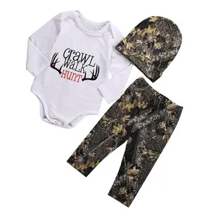 Newborn Baby Boys Long Sleeve Letters Deer Romper Bodysuit Camo Pants with Hat 3 Pcs Outfit Clothes Set