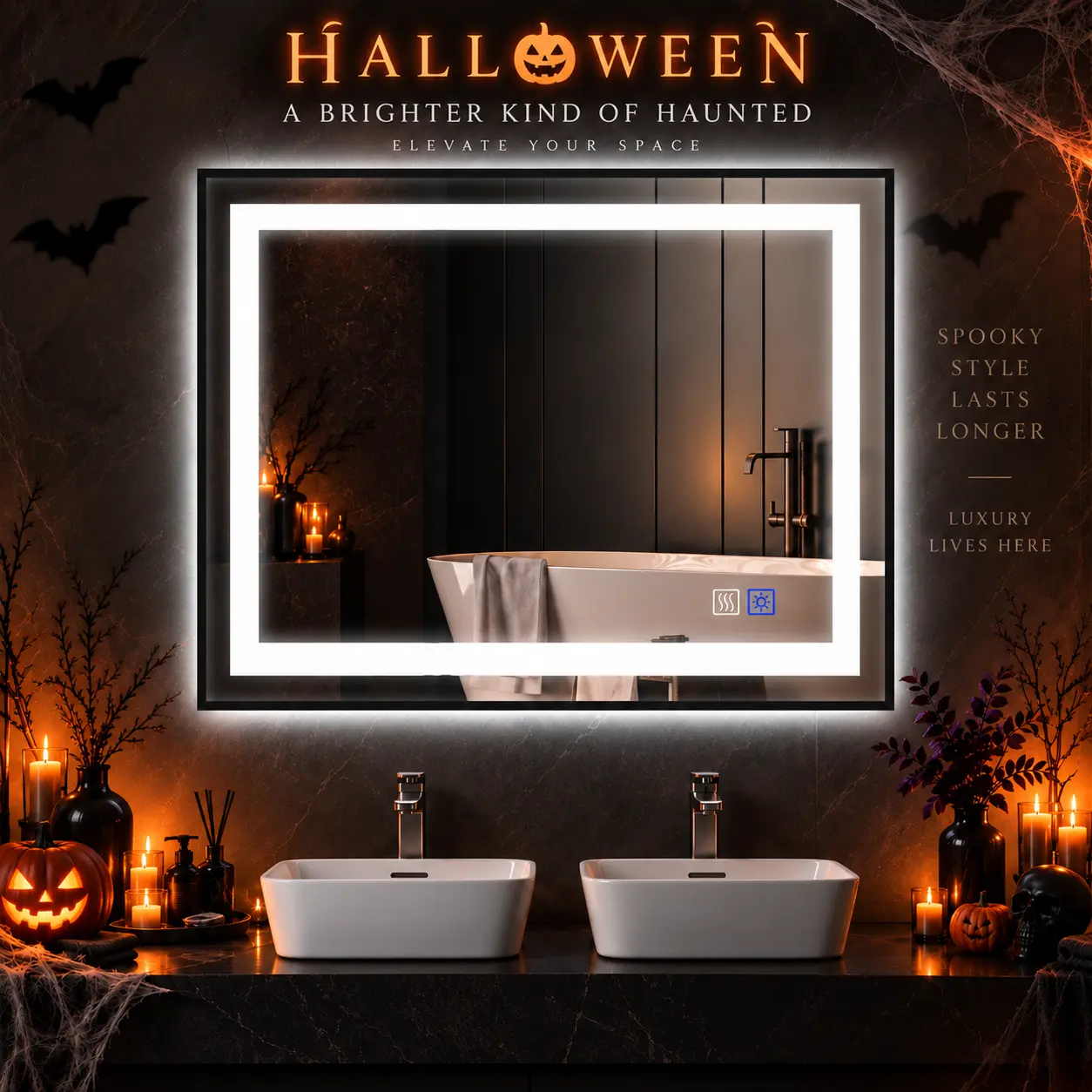 Black Framed Rectangle LED Bathroom Mirror with Led Lights, Anti-Fog, Dimmable, Adjustable Wall-Mounted Vanity Mirror with Front & Backlit Ambient Lighting Effect, 3 Color Temperature, Power-Off Memory Function for Bathroom, BackToSchool, Wall Mount