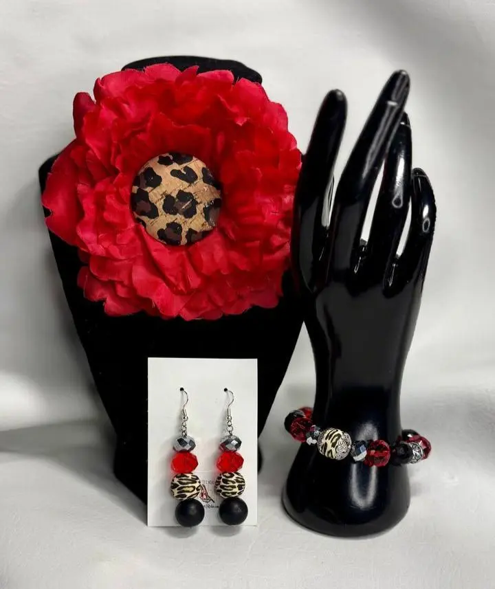 "Savanna Flame" 3 Piece Set - Vibrant Red Floral Brooch, Leopard Print Earrings & Bracelet