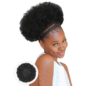 Short Kinky Curly Afro Puff Drawstring Ponytail, 10 Inch Clip On Afro Bun Hair Extension, Natural Synthetic Hair Piece for Black Women Daily Wear