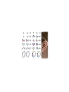 12 Pairs Hypoallergenic Screw Back Stud Earrings 20G Stainless Steel Cartilage Tragus Earring Pink Multicolored CZ Heart Star Butterfly Flower Ball Cat Shape Stud Earrings for Women Men Silver Tone 10mm