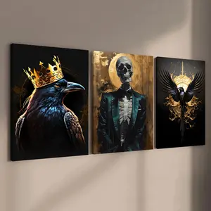 Wooden Framed Canvas Painting, 3 Counts/set Raven & Skeleton Character Pattern Wall Art, Wall Decor for Home Living Room Bedroom Office