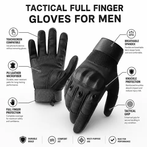 PAKNADA Adult Tactical Gloves - Reinforced PU Leather Microfiber, Full Finger, Touchscreen Compatible, Lightweight, Adjustable, Ambidextrous Protective Gear with Knuckle Pad, for Fight Training, Hunting, Tactical Accessories, Hunt Equipment