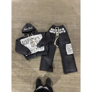 Sweatshirt and pants Y2K New Gothic Punk Sportswear Two Piece Set Harajuku Retro Patchwork Printed Loose Zipper Hoodie Fashion Casual Sports Pants