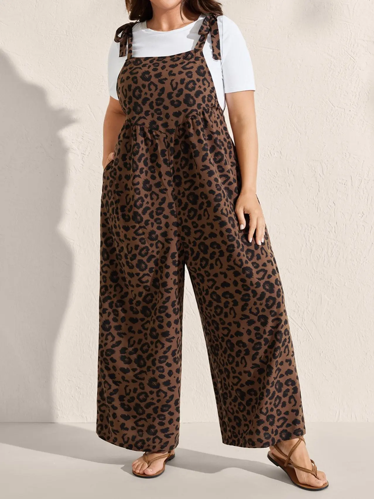 BLOOMCHIC Women's Plus Size Sleeveless Casual Overalls [M-6X] - Leopard Print, Relaxed Fit, Shirred Shoulder Straps, Pockets, Stretch, Low Iron, Lightweight Women's Clothes,Plussize, Stylish Women's Wear Relaxed Fit Overall Stretch Coveralls