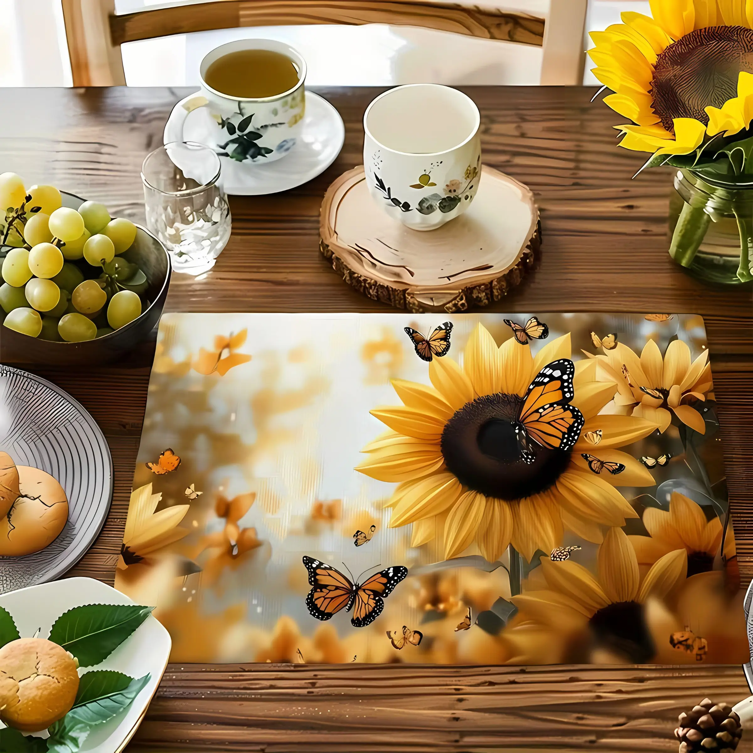 2D flat printing, 2-piece/4-piece/6-piece/8-piece set of yellow sunflower kitchen decorative placemat, Table Placemats, 12x18 inch seasonal retro table mats, rustic retro traditional dining table decoration, indoor and outdoor party kitchen dining tables