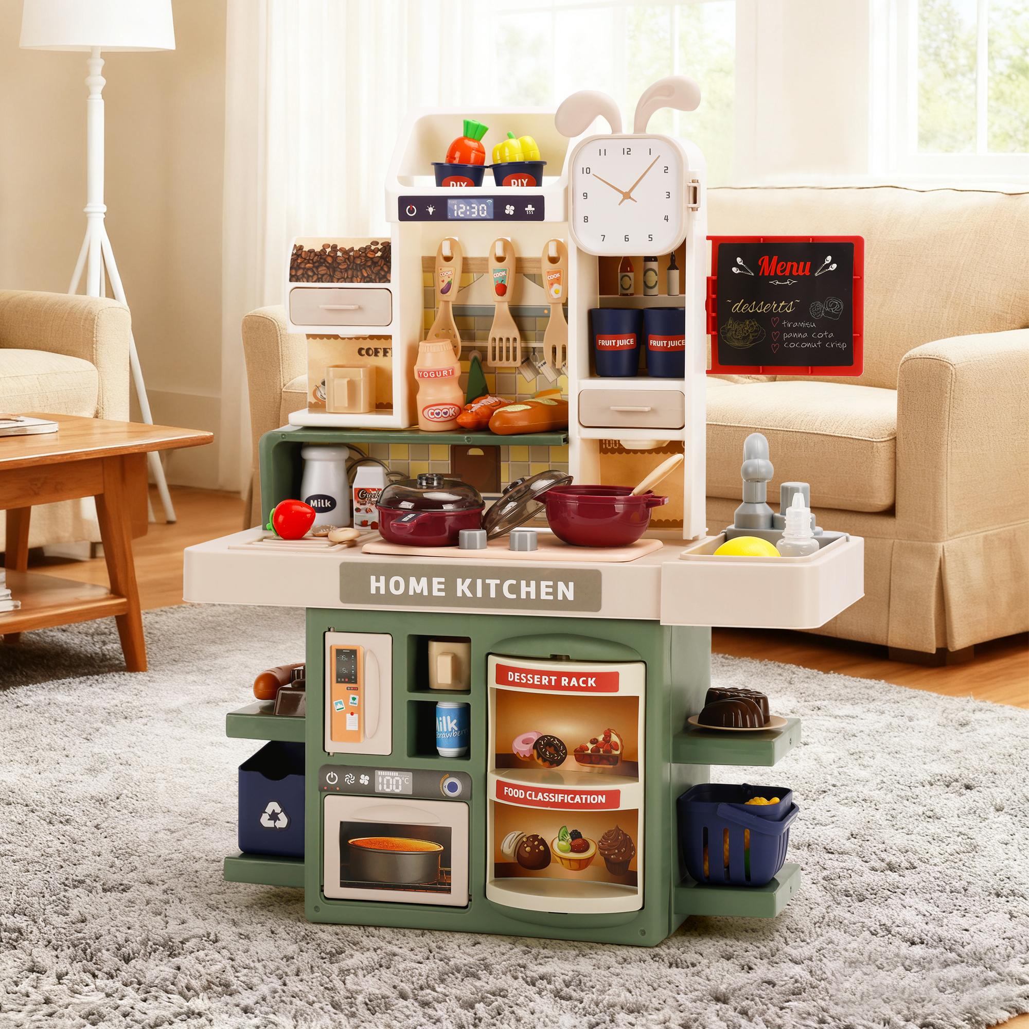 Kids Kitchen Play Set-Interactive Mist & Light Kitchen with Water Circulation Perfect Gift for Boys & Girls Ages 3+ (Green)