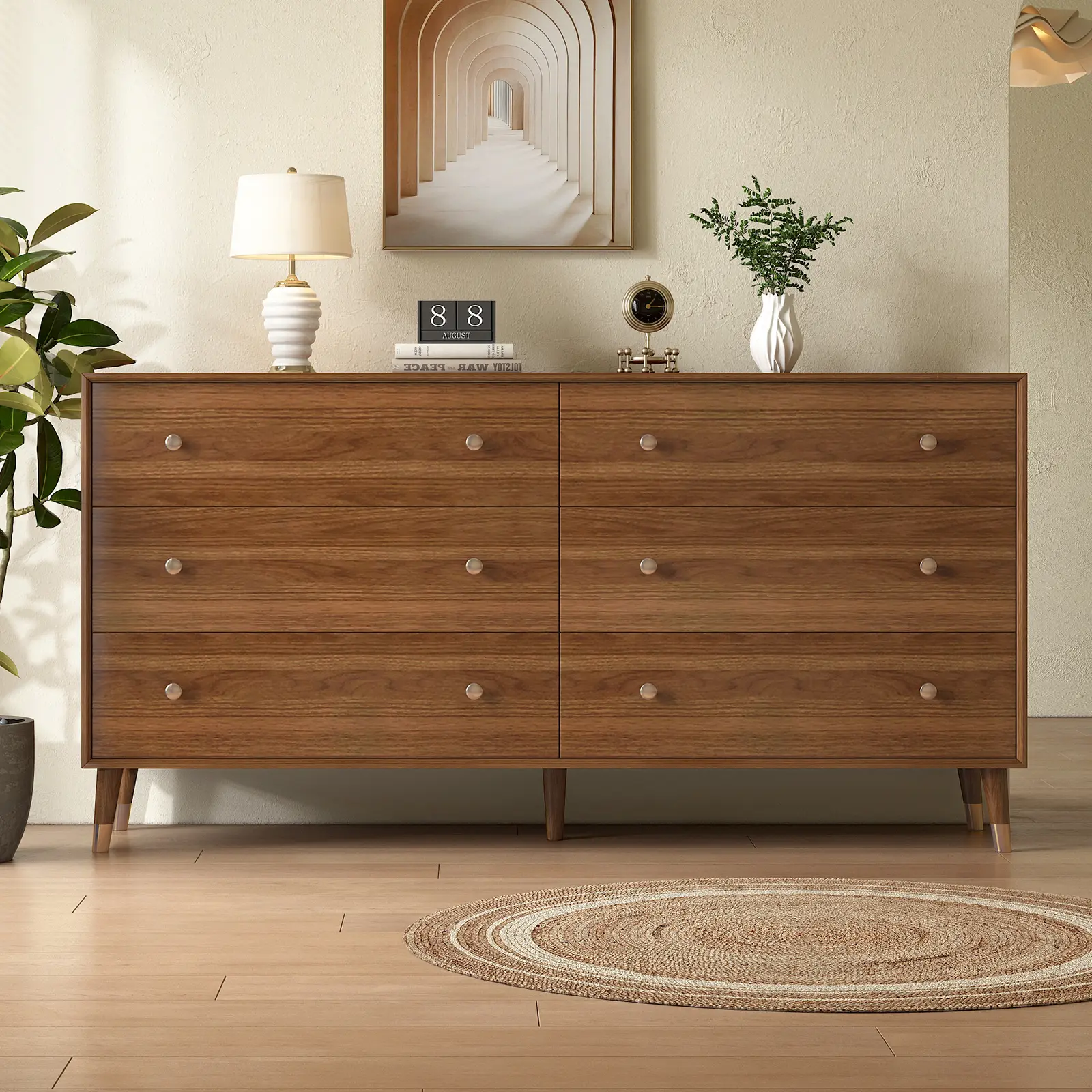 Messenya Mid Century Modern 6-Drawer Dresser, 55 Inch Wide Solid Wood Frame  Chest, Walnut Finish, Beveled Design, Heavy-Duty Drawer Glides, Storage  Cabinet for Bedroom, Living Room, TV Stand - TikTok Shop
