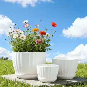 3-Size Pure White Vertical Ribbed Ceramic Light-Glazed Flower Pots - With Matching Saucer, Minimalist Design, Perfect For Succulents/Small Plants, Elegant Indoor Home Decor Planters