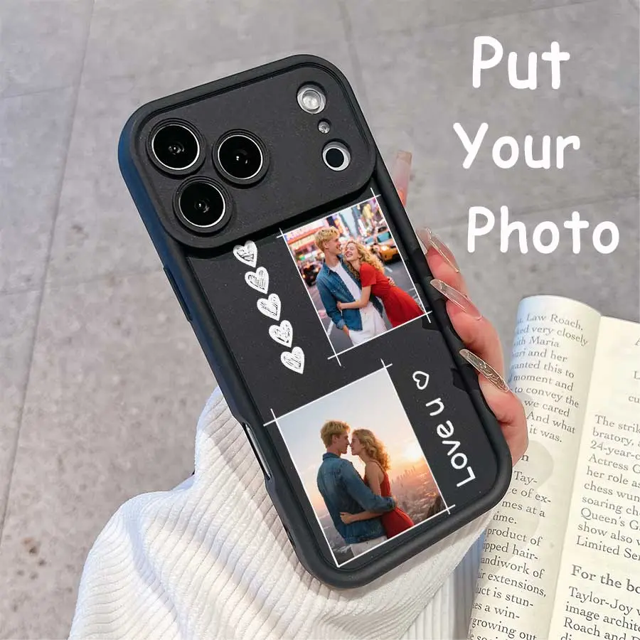 Personalized Double Photo Black "Love U" Heart Custom Phone Case - Romantic Couple Gift, Device Protection Accessory, Compatible with Galaxy S25/S24/S23 (Plus, FE, Ultra), A33, iPhone 17 Pro Max/16/15, for Birthdays, Holidays, Devices