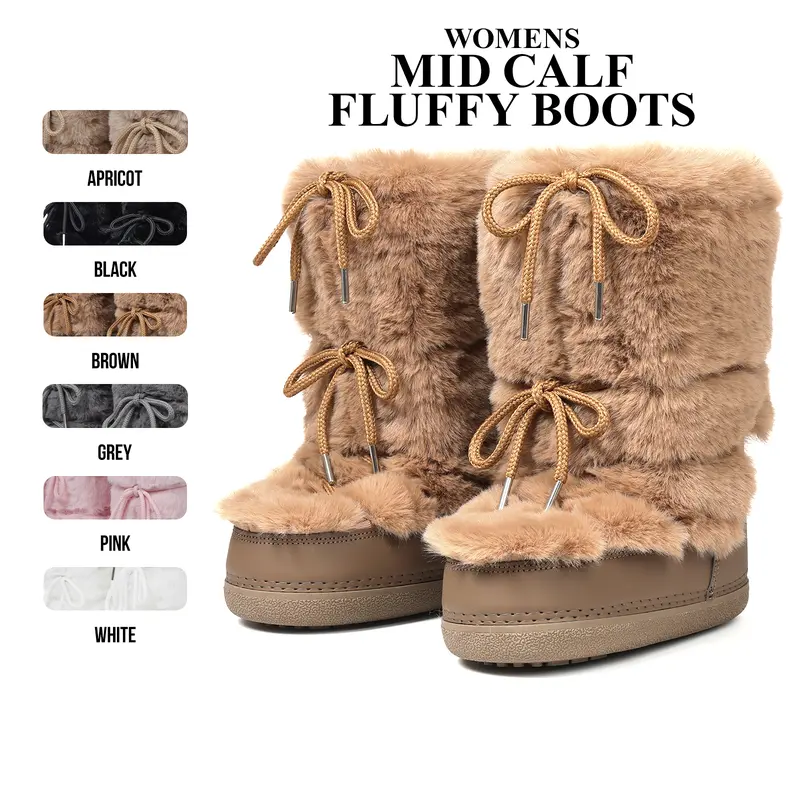 CYNLLIO Womens Faux Fur Mid Calf Boots Rounded Toe Platform Heels Fashionable Cozy Fluffy Plush Snow Boot Lace Up Non Slip Comfortable Outing Party Casual Nightclub Event Ski Boot Chilly Day Booty