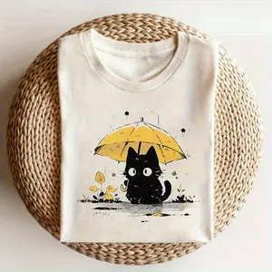 1pc Cute Black Cat Under Yellow Umbrella Iron-On Transfer Patch - Adorable Cartoon Design with Autumn Leaves Crewneck Tops Creative Fabric Art Tshirt