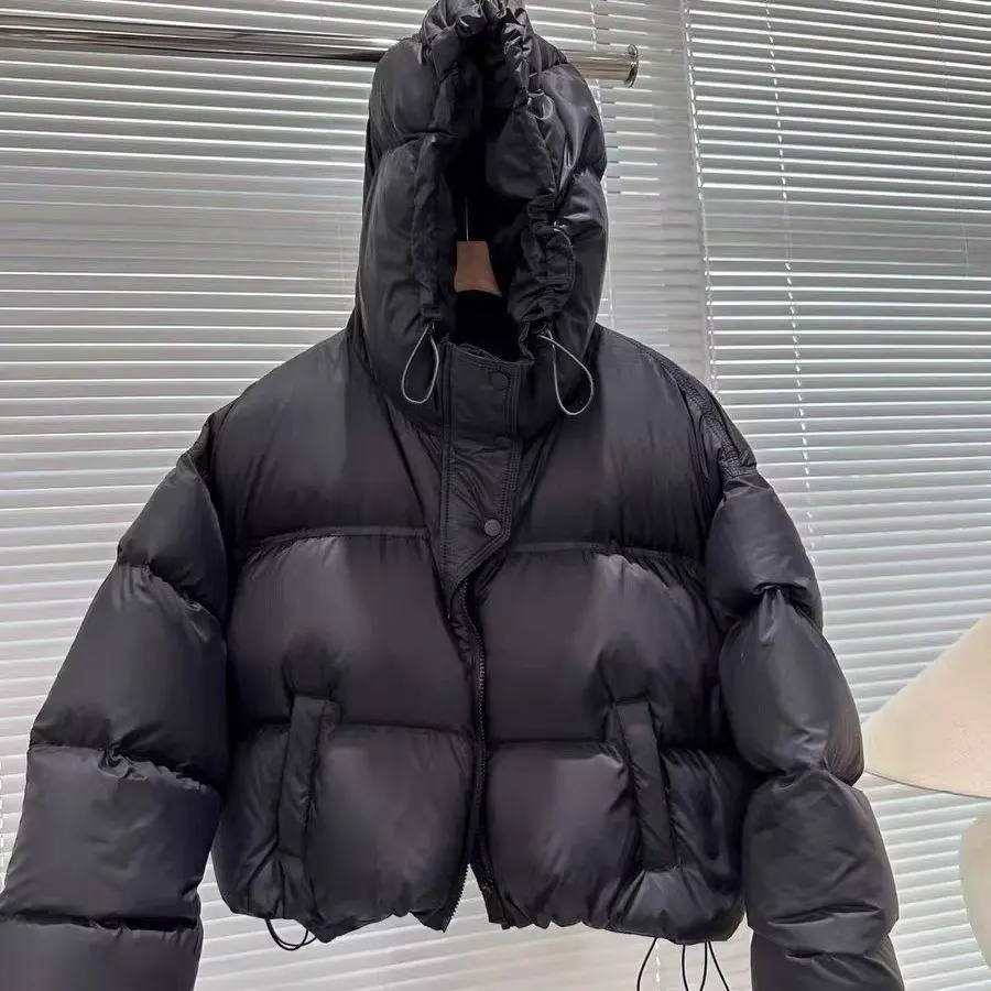 Women's Chic Hooded Puffer Jacket, Solid Loose-Fit Cotton-Padded Winter Coat, Super Warm Short Outerwear, Coats, Casual, With Hood, Down Jacket, Tops, Long Sleeve, Loose-Fitting, Lady, Thick