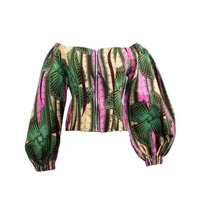 Green and Pink Off-the-shoulder Ankara Top with Puffy Sleeves Casual Cotton