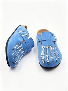 Men's Skeleton Bone Embroidered Clogs, Slip-On Casual Suede Sandals for Men, Comfortable Cork Footbed Slides, Streetwear Style