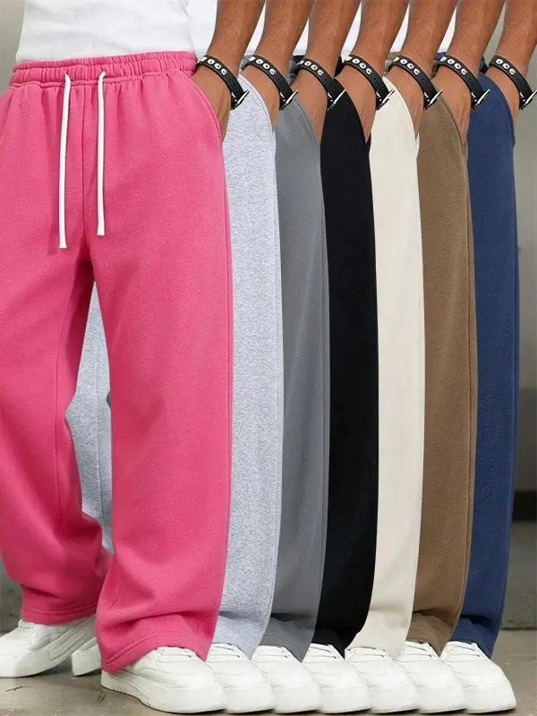 7-Pack Men’s Spring/Autumn Loose Straight Sweatpants, Trendy Solid Color Full-Length Pants, Multiple Colors Available, Versatile Drawstring Casual Sport Pants