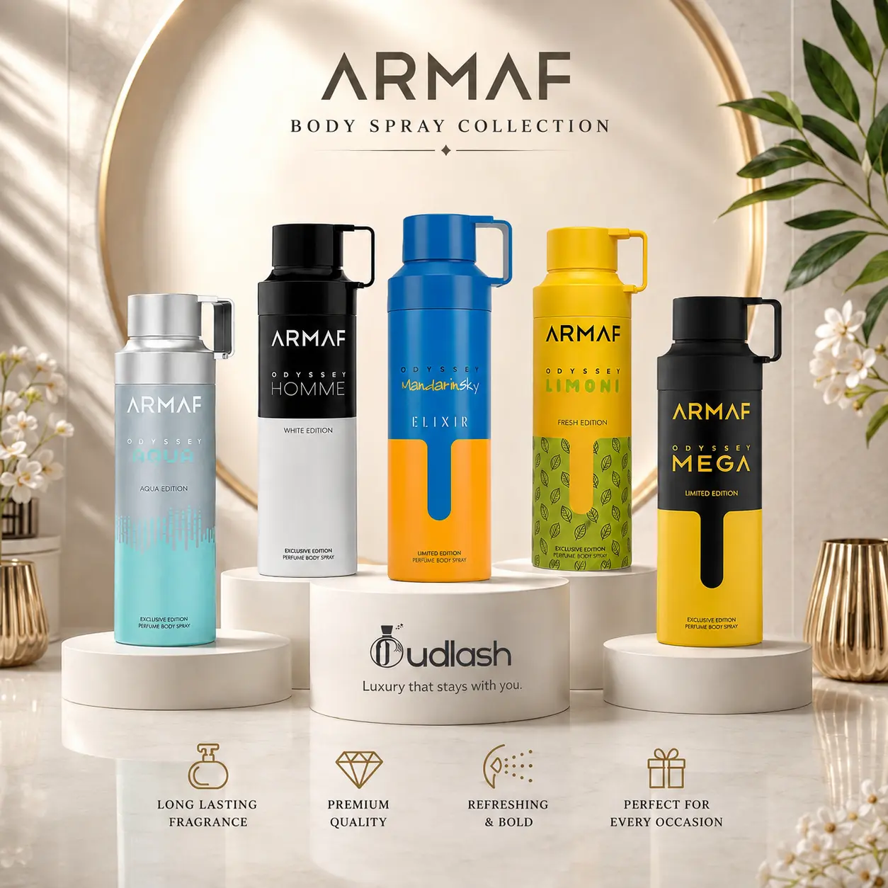 Oudlash Bundle | Armaf | Odyssey Limoni + Mandarin Sky Elixir + Homme + Mega + Aqua | Unisex Fragrance | 200ML- 6.8 | Eau De Parfum | Lemon- Sweet Orange, Mandarin
