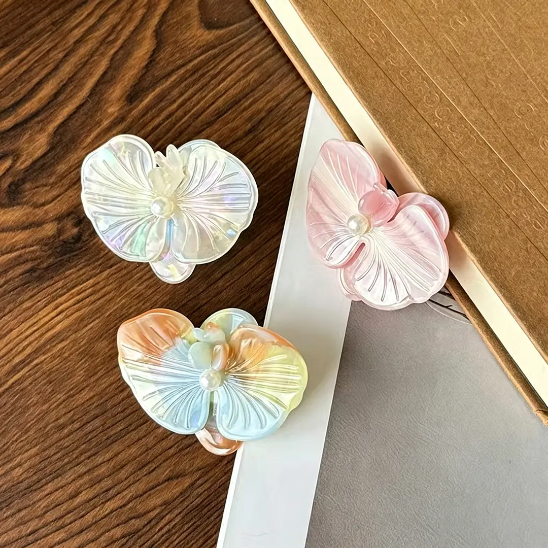 2-Pack Butterfly Orchid Hair Clips, French Vintage Acetate 3D Floral Barrettes with Pearl Accents, Wedding Accessory for Women, Accessories For Women