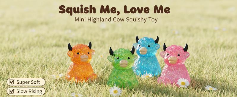【Easter】Highland Cow Squishy Toy  Cute Mini Animal Slow Rising Stress Relief Fidget Sensory Toy Easter Basket Stuffer Gift for Cow Lovers
