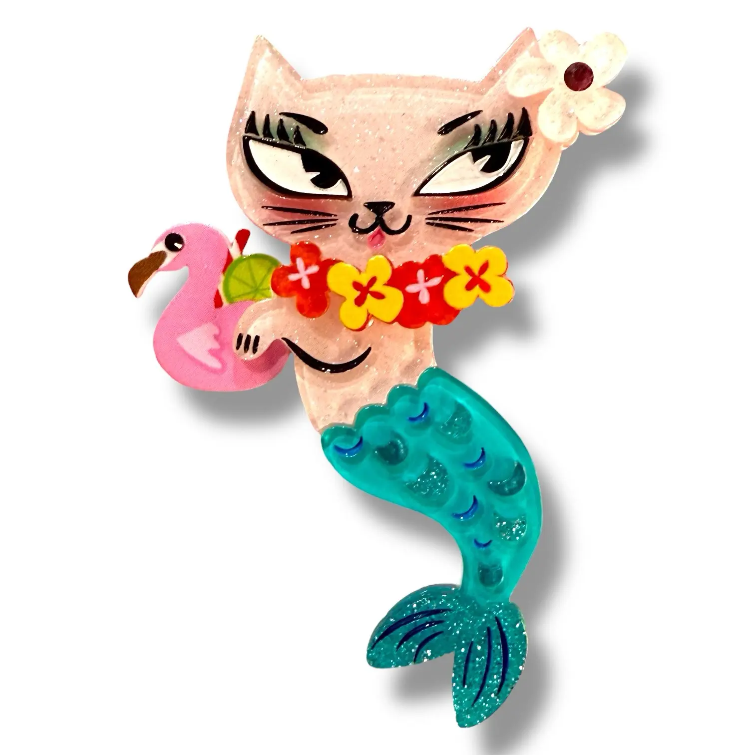 Tiki Merkitty Brooch by Miss Fluff x Lipstick & Chrome — Vintage Tiki Mermaid Cat Acrylic Pin Resin Whimsical
