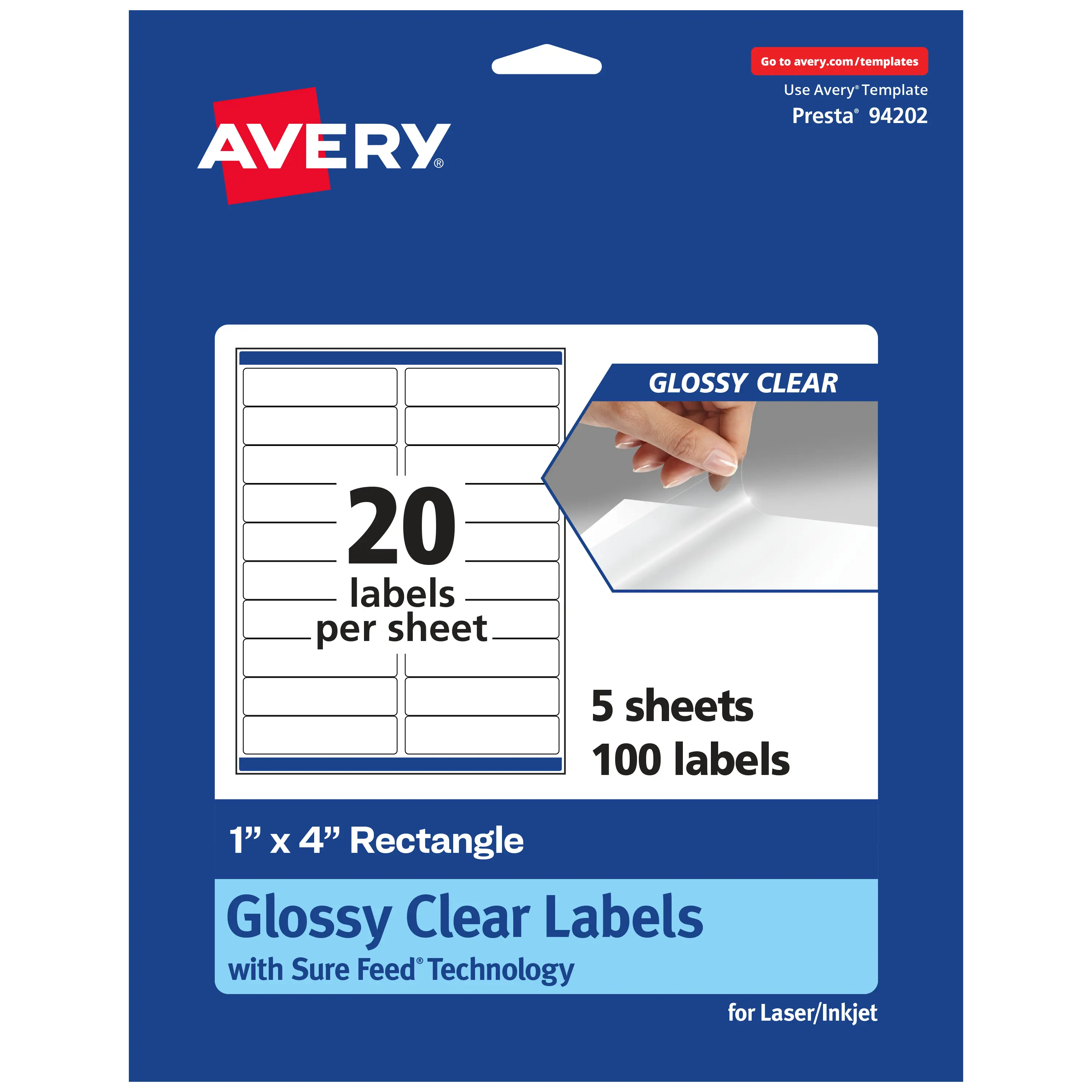 Avery Glossy Clear Rectangle Labels with Sure Feed, 1" x 4"