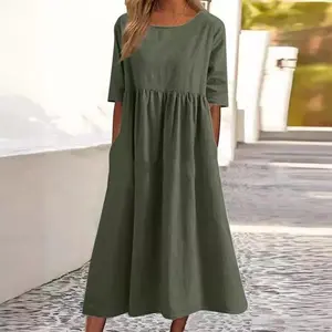LQ-2025 Summer  Cotton Linen Casual Short Sleeve Pocket Ruched Loose Round Dress-LQ