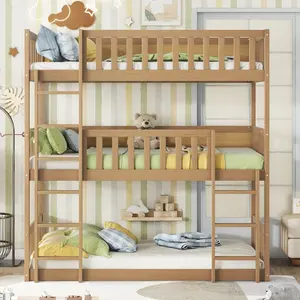 Twin Size Triple Rubber Wood Bunk Bed, with Ladders, Guardrails Detachable Bunk Bed, Twin over Twin over Twin,Natural