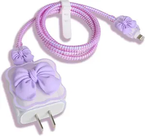 Compatible with  18W/20W USB-C Charger  Cute 3D Bow Tie Design Clear Soft Charger Protector Kawaii  Saver for  11 12 13 14 Pro Max Fast Power Adapter, Purple 2 (5in1)