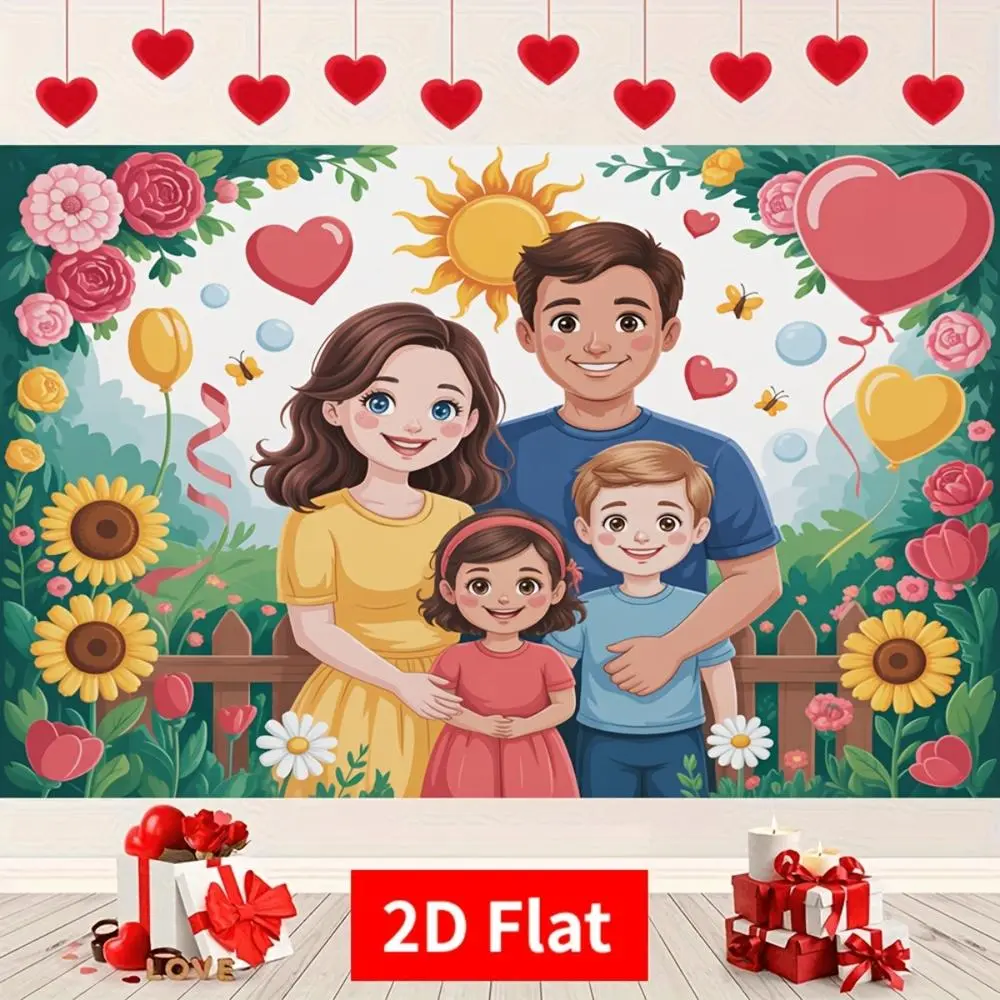 Polyester 2D Flat Happy Family Love Heart Balloon-Flower Banner Ornament, 1pc Cartoon Festive Backdrop for Birthday Outfit, Anniversary Home Party Supplies