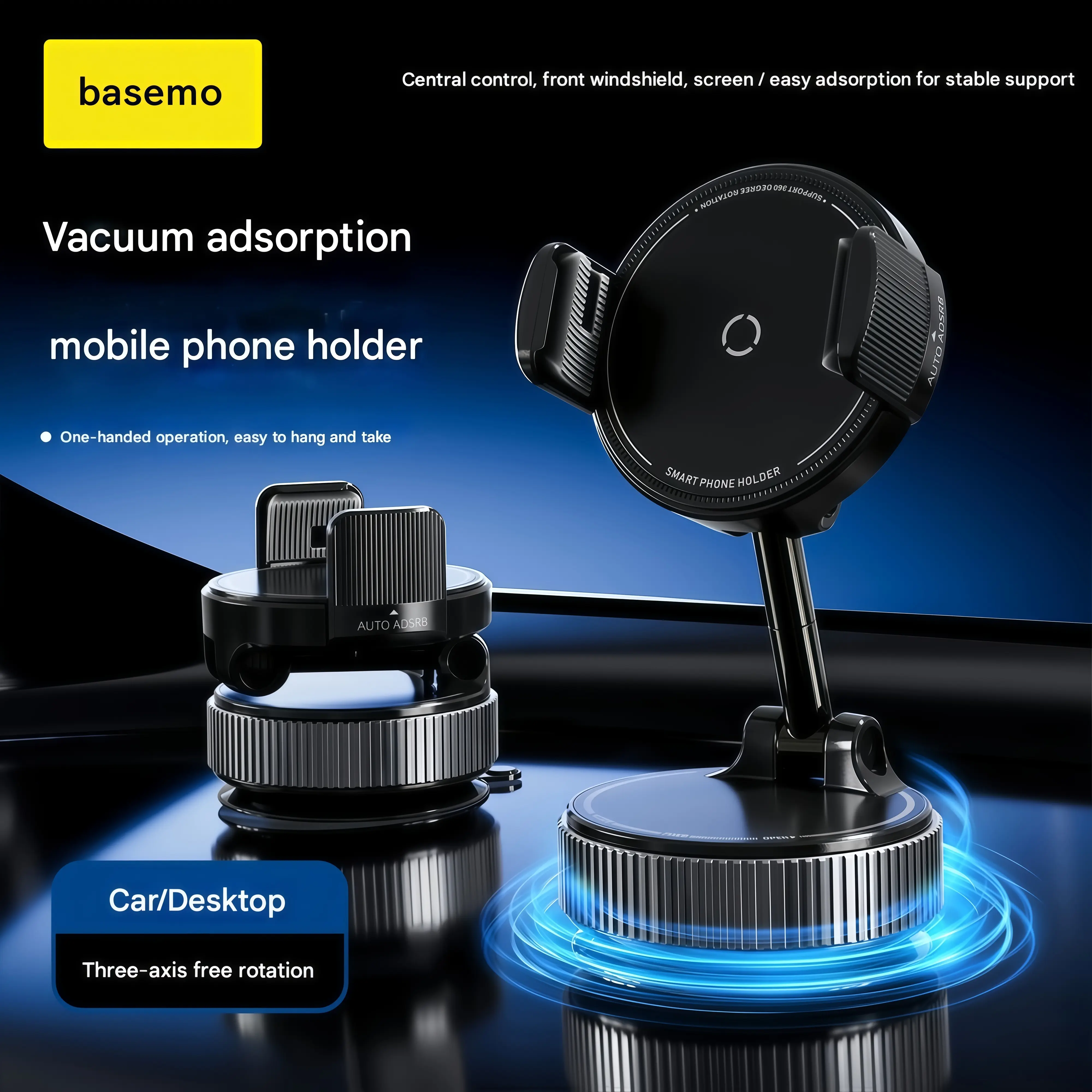 Basemo 2026 Upgraded Metal 3-Axis Cell Phone Holder - 720° Rotation, Super Vacuum Suction Cup, Car Gadgets for Car Windshield/Desktop, Base Stand & Attachment Phone Holders & Mounts, 360° Rotating Support for Landscape/Portrait Screens