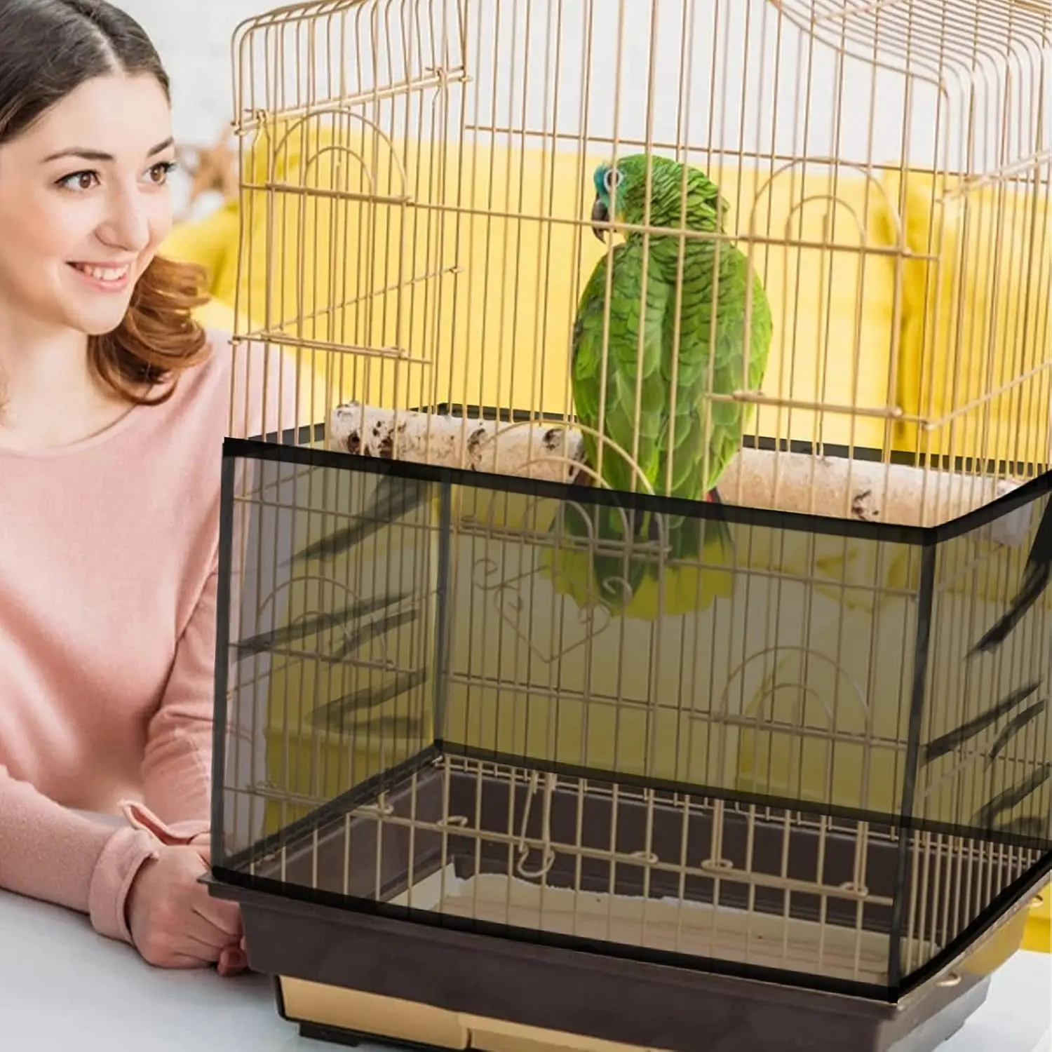 Large Bird Cage Cover, Bird Cage Seed Catcher, Adjustable Soft Airy Nylon Mesh Net, Birdcage Cover Skirt Seed Guard for Parrot Parakeet Macaw African Round Square Cages (Black)