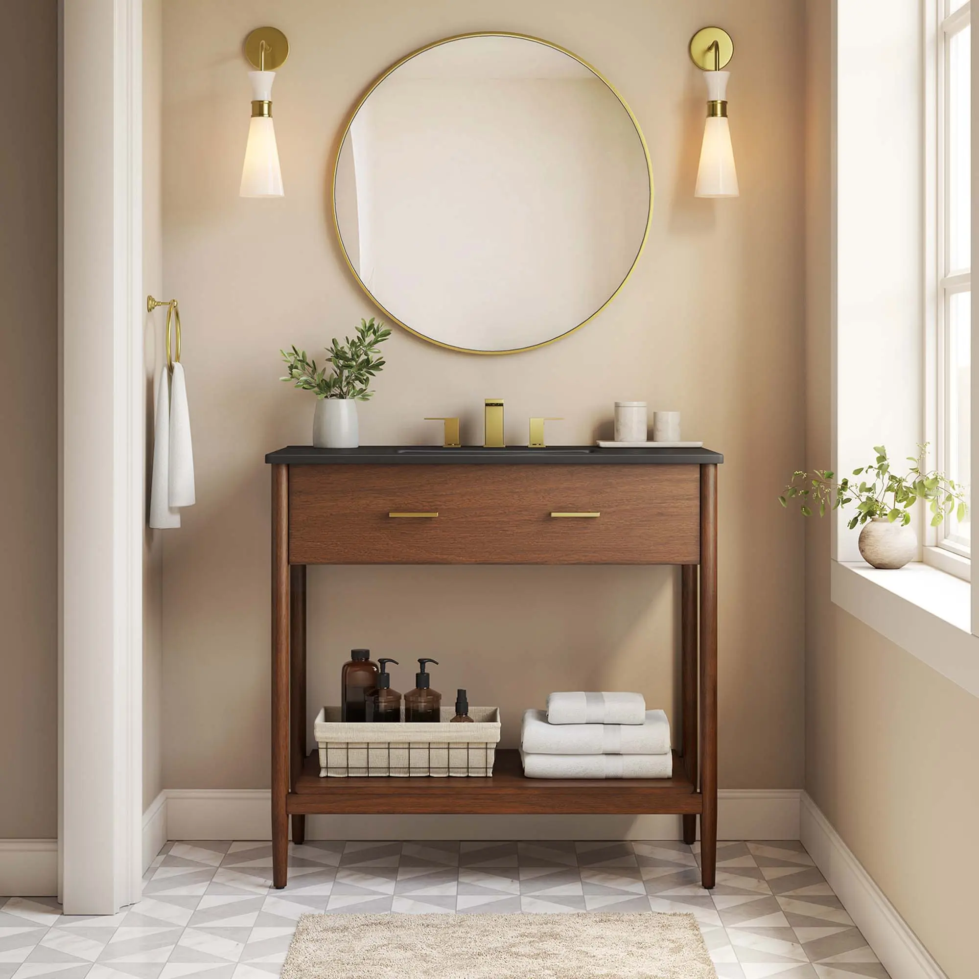 Zaire 36-in Bathroom Vanity, Walnut Black Freestanding Cabinet
