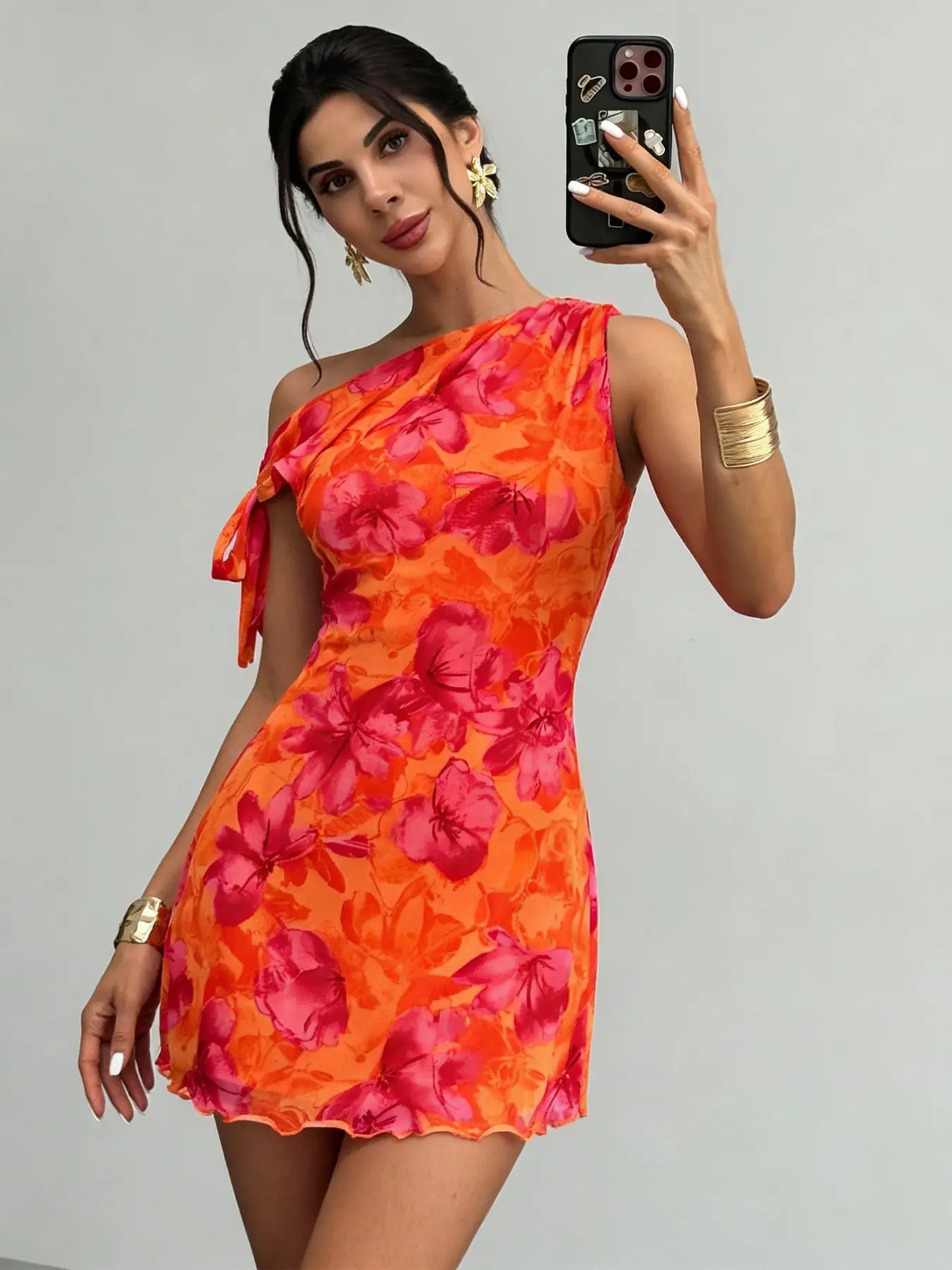 Women's Tropical Style One-Shoulder Bow Dress, Casual, Large Floral Print, Fitted Slimming Wave Hem Short Dress, Sexy Sleeveless Plain Design, Bodycon Sleeveless Dress, Beach Travel Dress, Beach Summer Dress