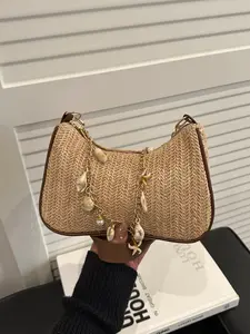 Women's Hollow Out Large Capacity Woven Grass Bag, Essential Beach Accessory for Vacation & Holidays, Fashionable Summer Straw Crossbody Shoulder Bag