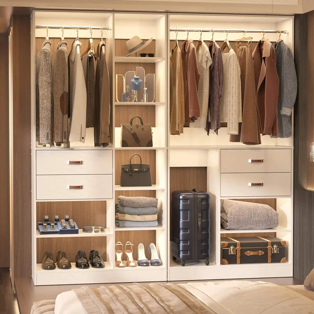 Wood Closet System Closet Organizer 39''W with Wood Drawers Wardrobe Rack with Metal Hanging Rods 2 Packages Shipping