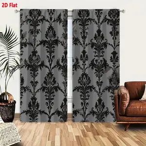 2D Flat  2-Piece Curtain Set, Seamless Damask Style, Light Gray/Silver Background with Intricate Black Floral Foliate Patterns, Repeating Stylized Flowers Leaves Vines, Vintage Traditional Aesthetic, Ornate Classic Decorative Texture for Sophistica