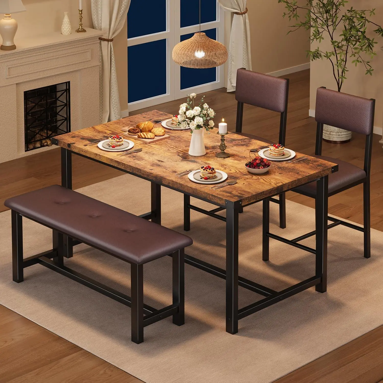 Farmhouse Dining Table Set for 4, Kitchen Table with Upholstered Bench and 2 Chairs, Kitchen Table and Chairs Set for Small Space, Kitchen, Dining Room