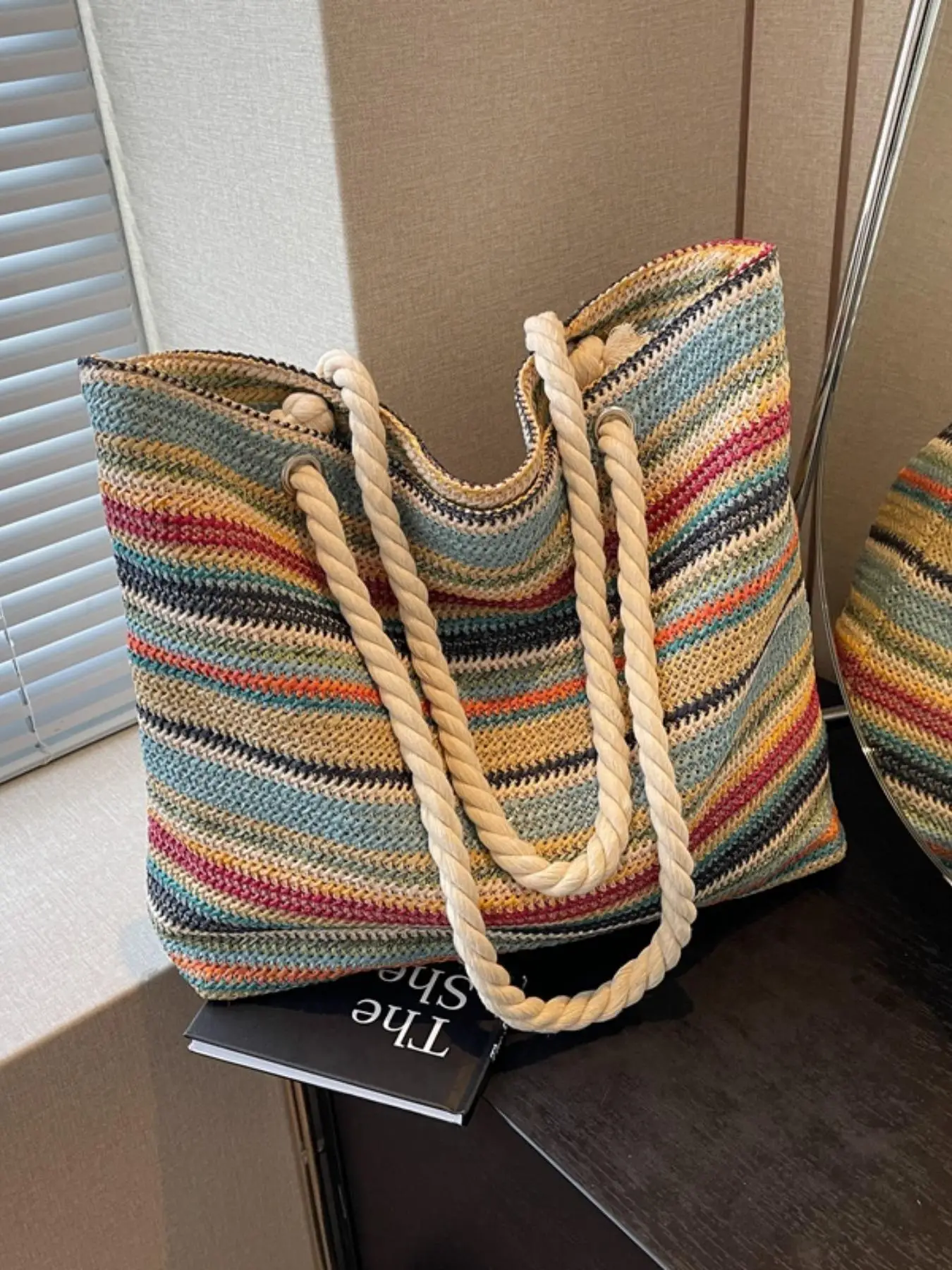 Boho Style Colorful Striped Pattern Tote Bag, Lightweight Casual Commute Shopping Date Underarm Diagonal Shoulder Bag, Fashionable Beach Holiday Trave