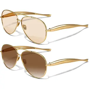 Retro Gold Aviator Sunglasses for Women Men, Metal Oversized 70s Aviators Sun Glasses