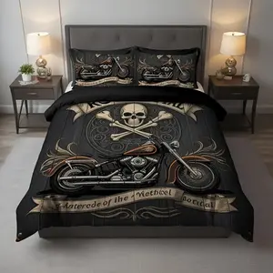 Gothic Skull Motorcycle Pattern Bedding Set, Polyester Material, Includes 1 Fitted Sheet and 2 Pillowcases, Perfect for Bedroom, Hotel, Valentine's Day Gift
