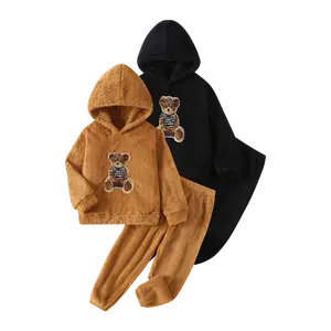 4-piece Autumn/Winter Boys' Hooded Bear Fleece Hoodie Christmas Festival Costume, Cute and Versatile Outdoor Warm Boys' Long-Sleeved & Pants Set