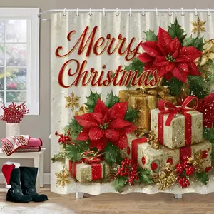 1pc Festive Christmas Shower Curtain Set - 66x72 Inch Polyester Bath Decor with Poinsettias Presents & Golden Accents Includes 12 Hooks for Easy Hanging Machine Washable Perfect for Holiday Bathroom Decoration Christmas Bathroom Decor