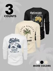 3pcs Men's Crewneck Long Sleeve T-Shirts - Casual Knit Printed Tops, Slightly Stretchy, Popular Pullover Long Sleeve Tees for Outdoor Leisure, Basic Versatile Style with Print