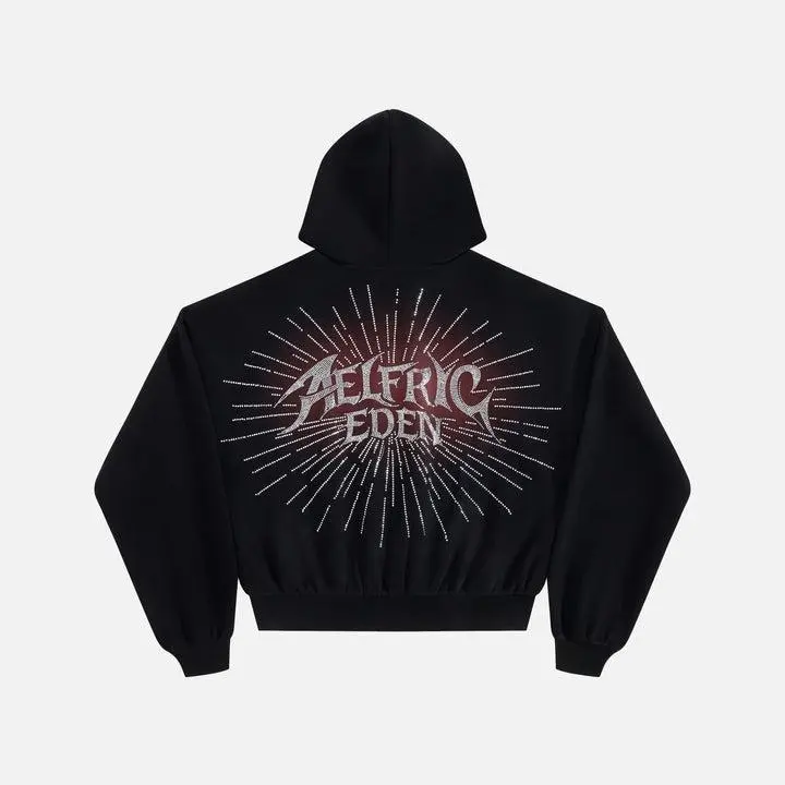 Aelfric Eden Boxy Rhinestone Zip Up Hoodie Gradient Wash Relaxed Boxy Cropped Silhouette Classic Zip-Up Hoodie Heavyweight Soft Fabric Vintage Rock Streetwear Unisex Top